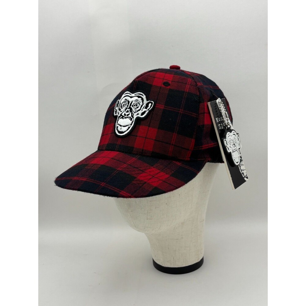 Monkey Sport Plaid Hat S/M Red Black Tartan Baseball Cap NWT Embroidered Monkey